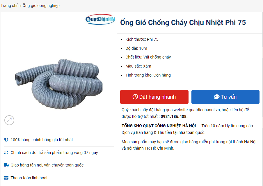 Ống gió chống cháy chịu nhiệt Phi 75